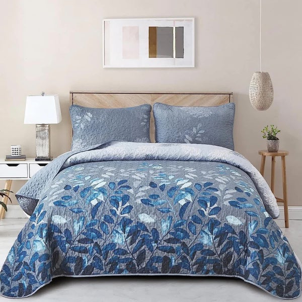 Thestyleforhome Blue Garden Coverlet Set With Quilted Floral Pattern And Pillowc Carousel 1