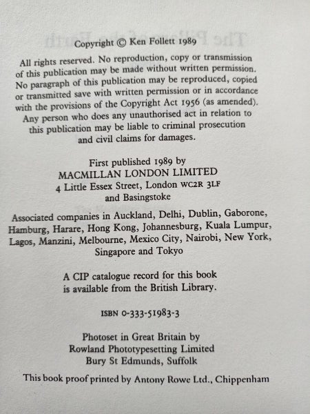 The Pillars of the Earth by Ken Follett, 1989, RARE. FIRST EDITION - BOOK PROOF Carousel 2