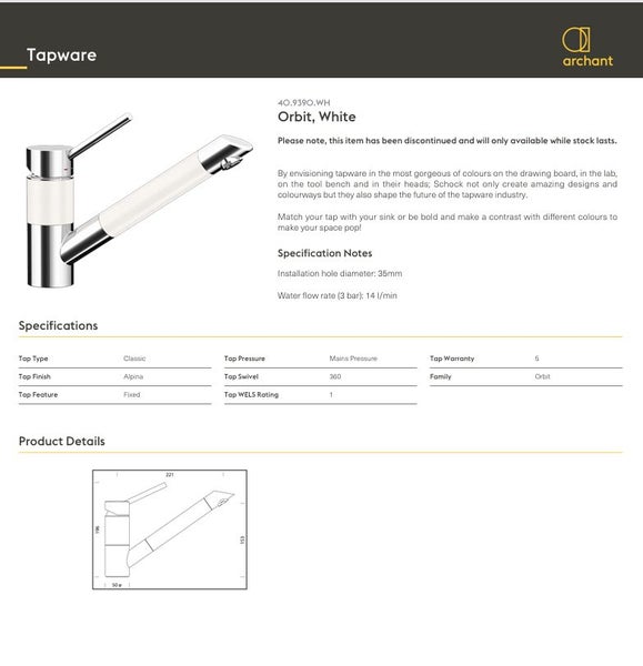 SCHOCK brand ORBIT SINK MIXER, WHite and Chrome RRP $1199 (Made in germany) Carousel 2
