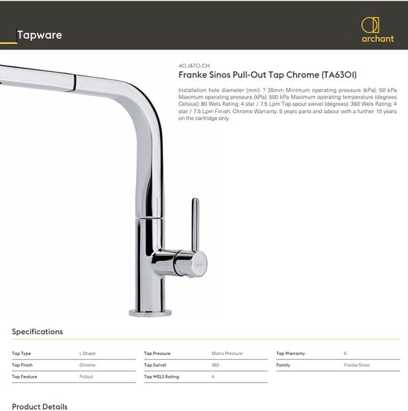 FRANKE brand SINOS Pull-out tao Chrome (TA6301) RRP $1099 Carousel 2