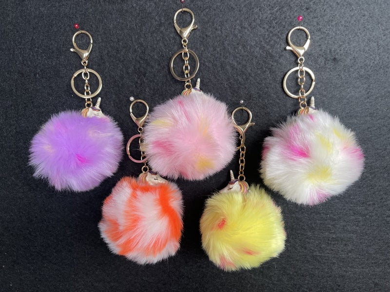 Fluffy unicorn pompom key ring/chain Carousel 1