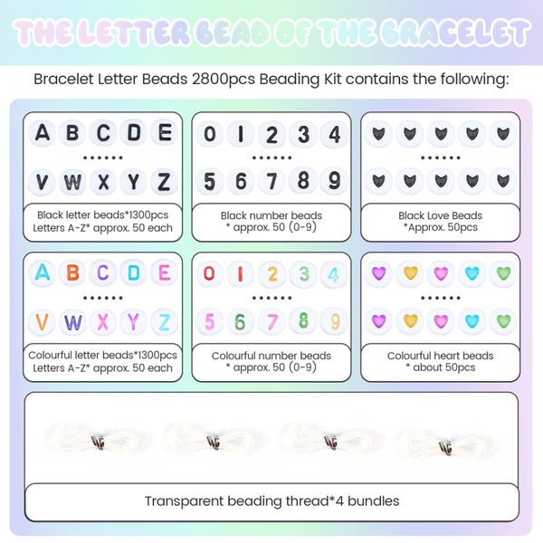 2800pcs Letter Beads for Bracelets with Bead Strings A-Z Alphabet Beads Round Carousel 2