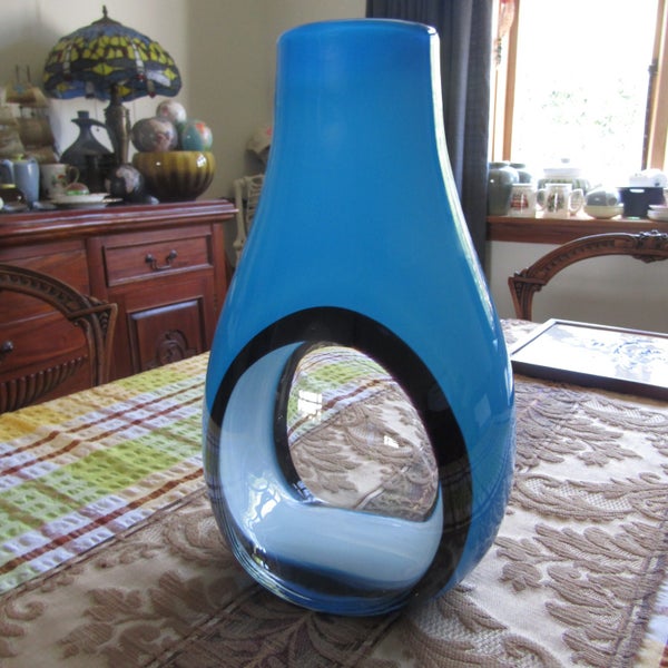 Dreamlight Mediterana Art Glass Turquoise Vase. Convex Windows. B/W Accents. Ex. Carousel 2