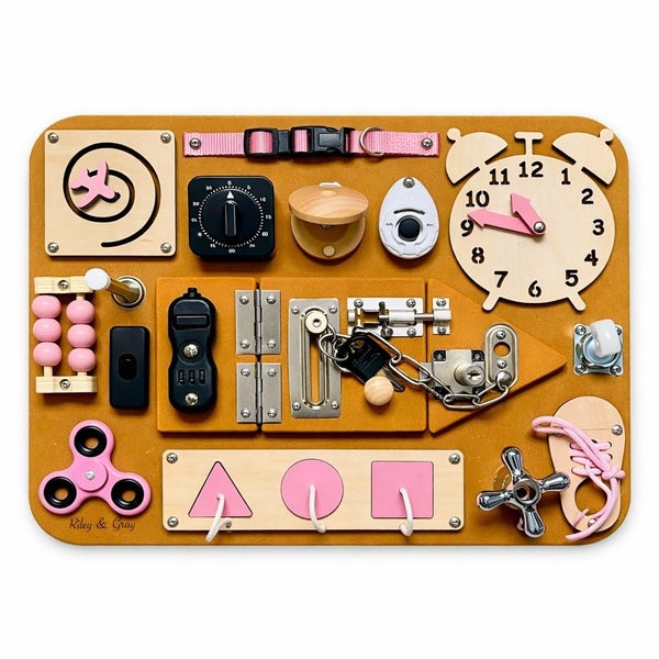 Riley & Gray Educational Busy Board, Montessori Toy for Toddlers, Small Pink Carousel 1