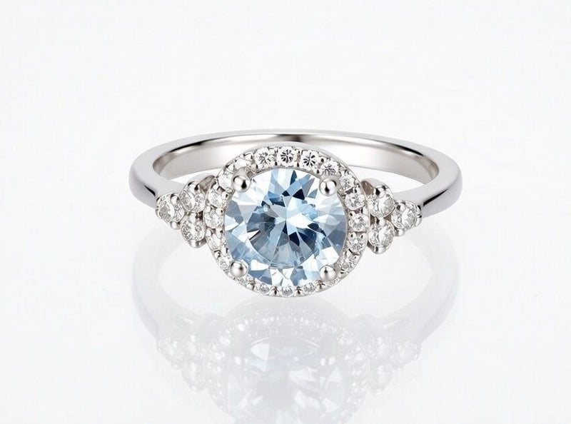 Elegant Sterling Silver Pale Aqua Blue & Crystal Stones Halo Ring, Size O 1/2 Carousel 1