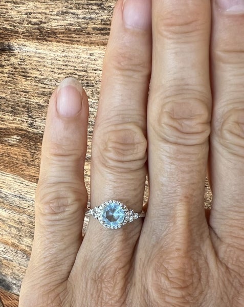 Elegant Sterling Silver Pale Aqua Blue & Crystal Stones Halo Ring, Size O 1/2 Carousel 2