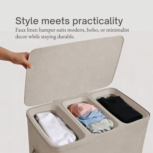 Sherwood Voyager 3-Section Laundry Hamper 120L Faux Linen 64x40x67cm Natural Carousel 2