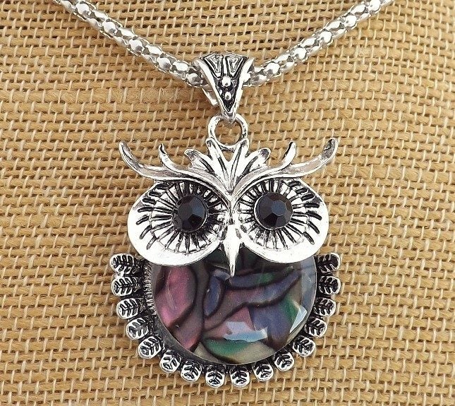 Paua & Silver Tone Owl Pendant Necklace Carousel 1