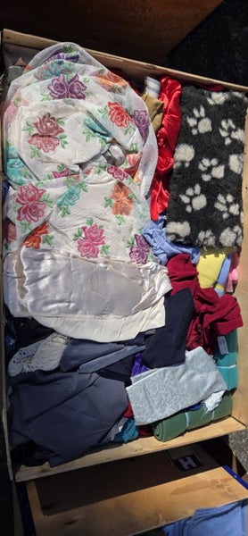 $1 = RES Wooden crate #21 assorted material, possibly linen etc Carousel 2