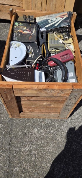 $1 = RES wooden crate #32 assorted electrical items etc Carousel 2