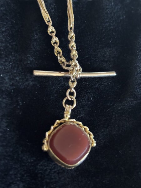 Antique 9ct Rose Gold Chain Carnelian Bloodstone Fob pendant W.J.P England Carousel 1