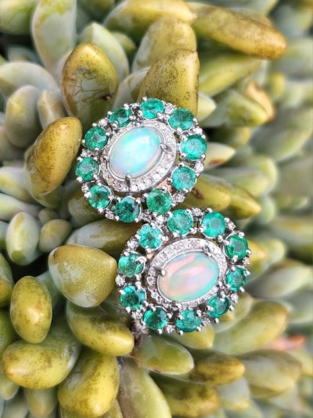 Opal, Emerald & Diamond Earrings in solid 925 Silver Carousel 2