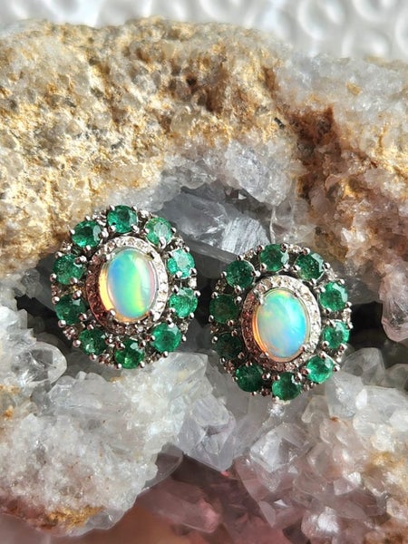Opal, Emerald & Diamond Earrings in solid 925 Silver Carousel 1