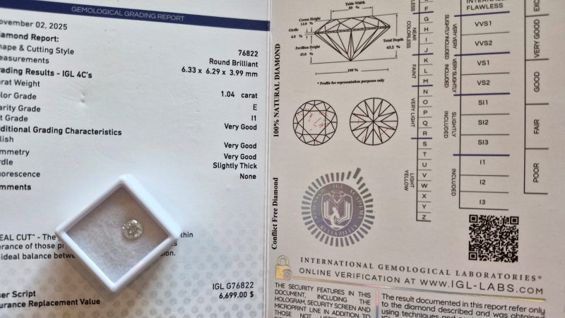 $1 RES * Valuation $11,151.00 * 1.04ct Round Large WHITE Diamond Loose IGL CERT Carousel 1