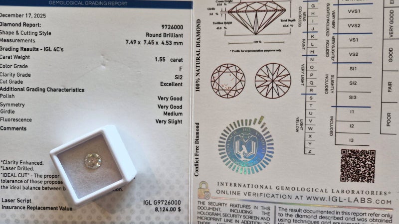 $1 RES * Valuation $13,525.00 * 1.55ct Round Large WHITE Diamond Loose IGL CERT Carousel 1