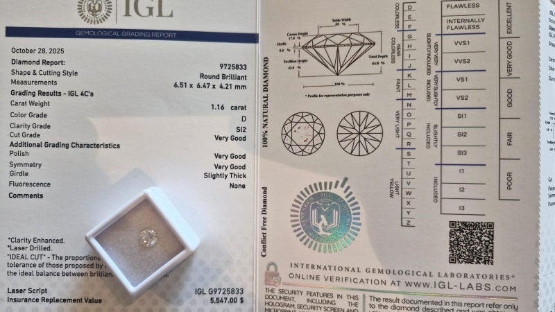 $1 RES * Valuation $9,228.00 * 1.16ct Round Large WHITE Diamond Loose IGL CERT Carousel 1