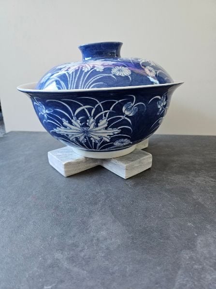 Blue & White Porcelain Lidded Noodle/ Rice Serving Bowl with Floral Motif. Thai. Carousel 1