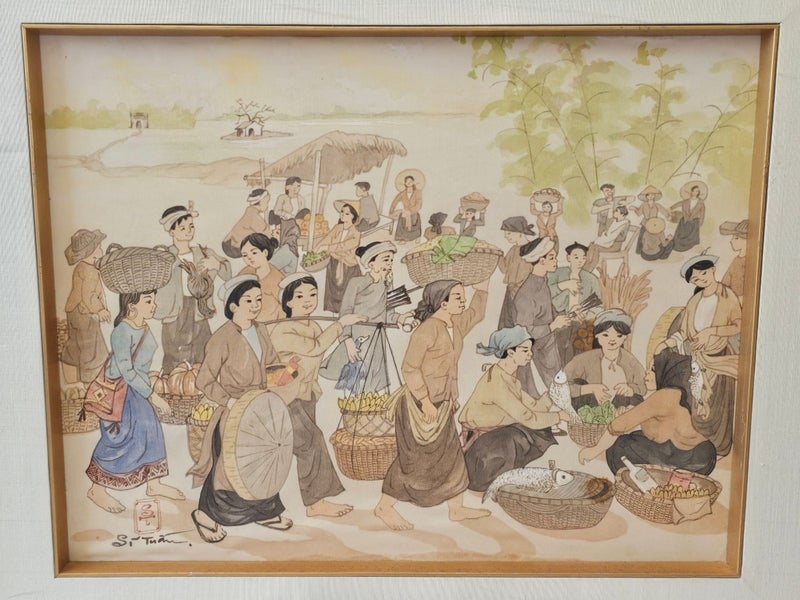 Watercolor Painting on Silk. "Scene de Marche" by Vietnamese Artist Nguyen Thach Carousel 1