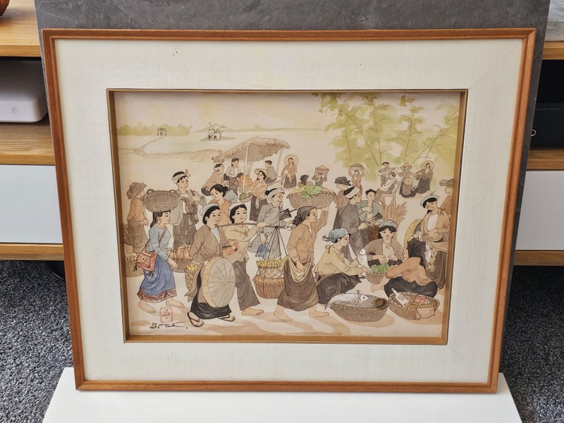 Watercolor Painting on Silk. "Scene de Marche" by Vietnamese Artist Nguyen Thach Carousel 2