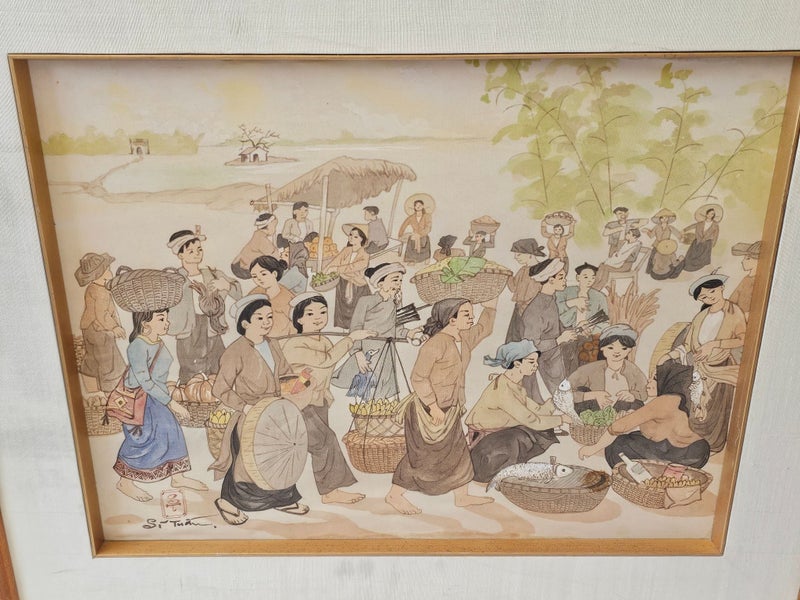 Watercolor Painting on Silk. "Scene de Marche" by Vietnamese Artist Nguyen Thach Carousel 8