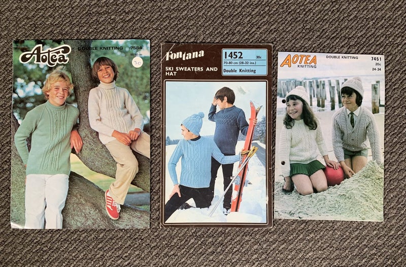 Vintage Aotea Fontana Alcea Youth Knitting Patterns Ski Sweaters Lot x3 Carousel 1
