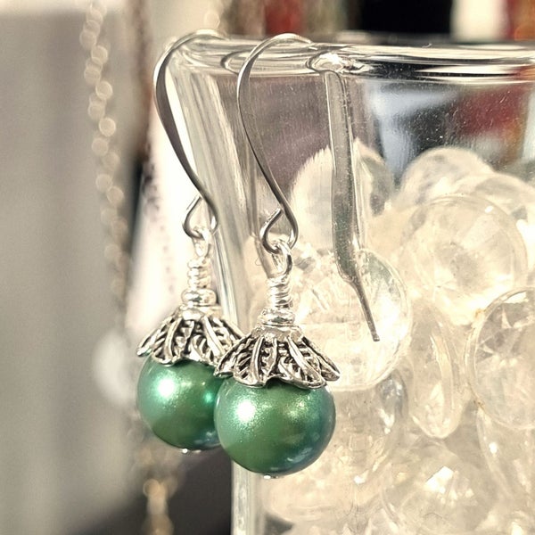 Pearlescent Czech Crystal Drop Earrings – 10 mm - Green Carousel 1