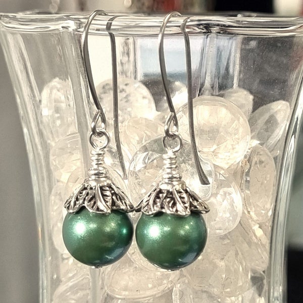Pearlescent Czech Crystal Drop Earrings – 10 mm - Green Carousel 2