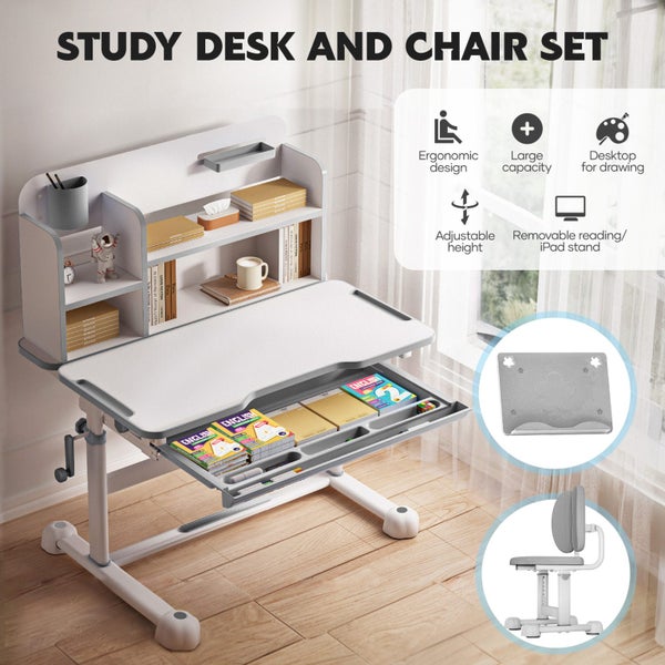 Kids Desk and Chair Set Ergonomic Children Study Table Adjustable Shelf Drawer Carousel 1
