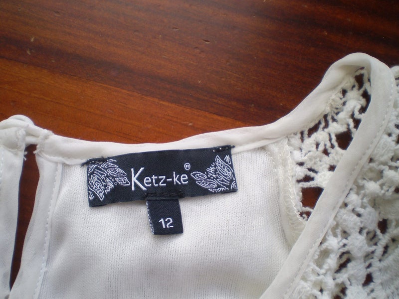 KETZE-KE DESIGNER WHITE PLEATED SHIFT DRESS/LACE SLEEVES 12 Carousel 3