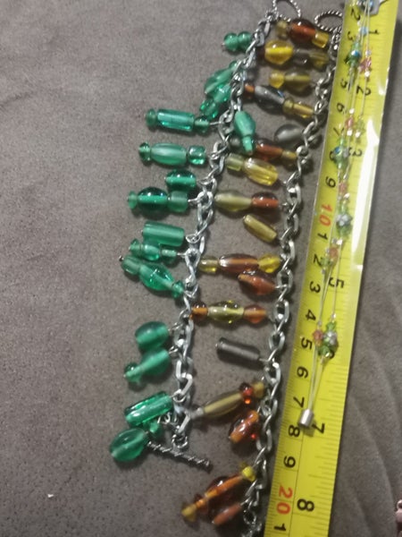 vintage glass bead charm bracelet silver-tone chain green amber yellow Carousel 2