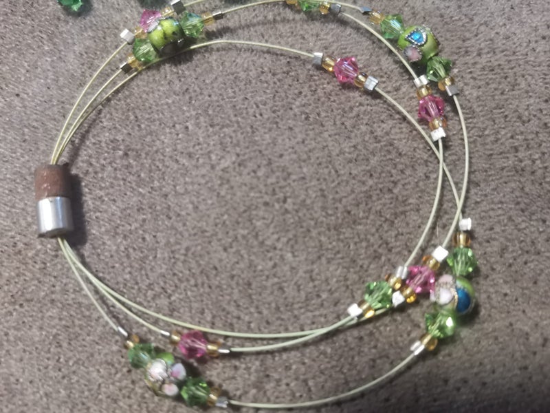 vintage glass bead charm bracelet silver-tone chain green amber yellow Carousel 10