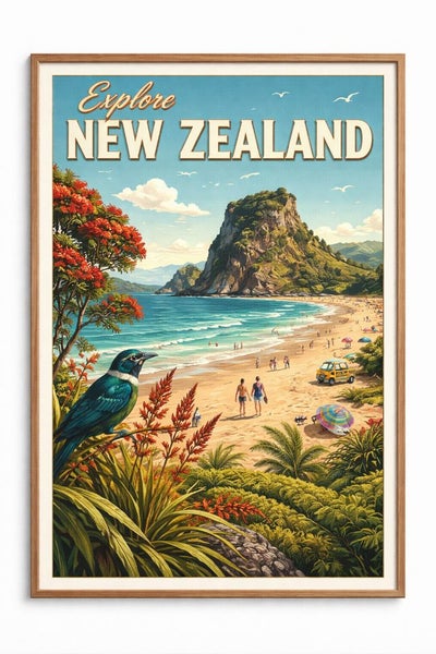 Explore New Zealand – Piha Beach & Tui | Premium Framed A2 Print Carousel 1