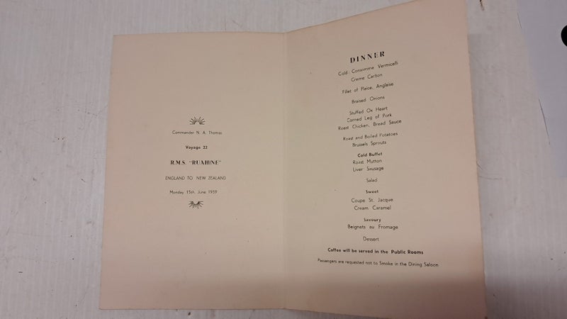 1959 DINNER MENU FROM VOYAGE 22 OF THE RMS RUAHINE Carousel 2