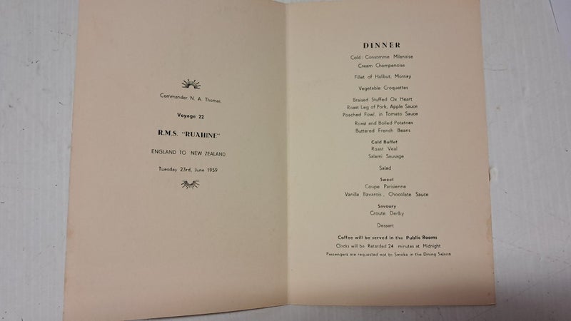 1959 DINNER MENU FROM VOYAGE 22 OF THE RMS RUAHINE Carousel 2