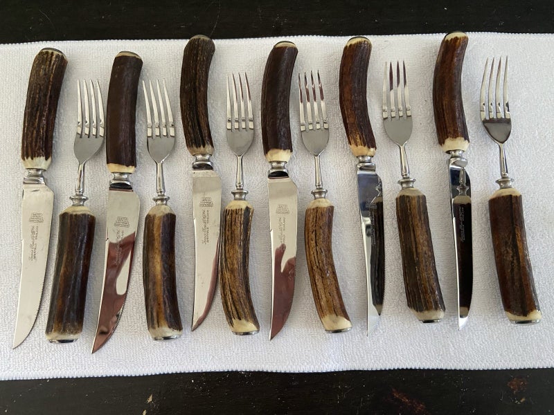 Sheffield Steak Knives and Forks set with Red Deer Stag Antler Carousel 1
