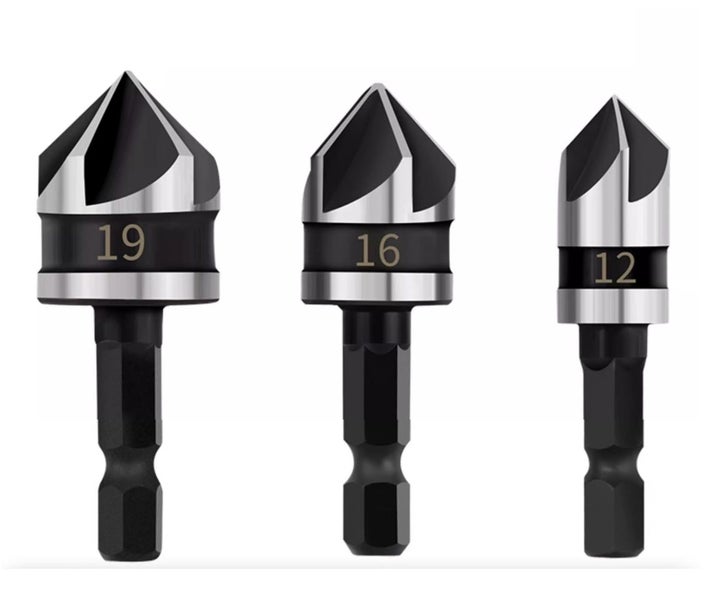 90 Degree Five Flute Countersink Chamfer Bit Set 12mm 16mm 19mm Hex Shank Carousel 5
