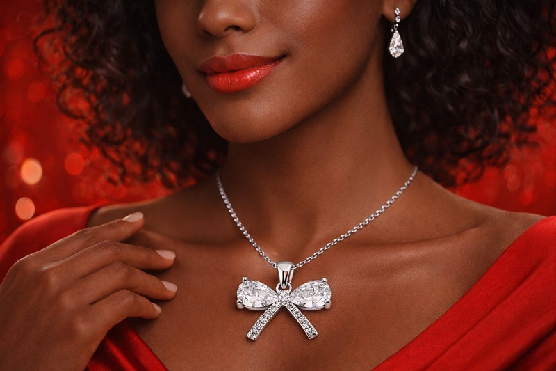 Ladies Bow Necklace Cubic Zirconia Pendant White Gold Plated Gift for Her Carousel 1