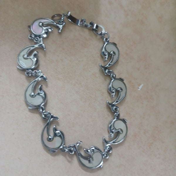 VINTAGE SILVER AND MOTHER OF PEARL DOLPHIN BRACELET Carousel 1