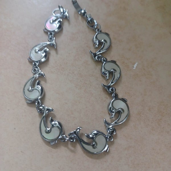 VINTAGE SILVER AND MOTHER OF PEARL DOLPHIN BRACELET Carousel 2