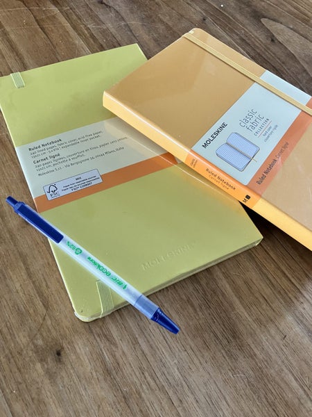 2 x Moleskine Large Ruled Notebooks – Orange or Yellow (pair) + Free Bic Eco Pen Carousel 1