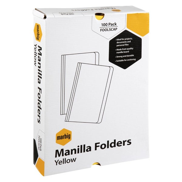 100pc Marbig Foolscap File 170gsm Manilla Folder Paper Document Holder Yellow Carousel 2