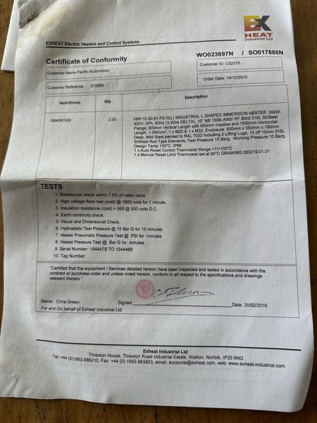 30kW Immersion heater(s) new unused Carousel 10