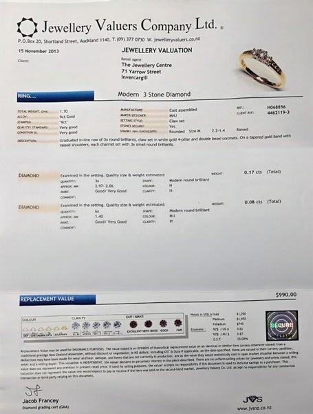 Modern 3 Stone Diamond Ring + Valuation Carousel 7