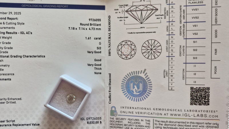$1 RES * Valuation $13,305.00 * 1.61ct Round Large WHITE Diamond Loose IGL CERT Carousel 1