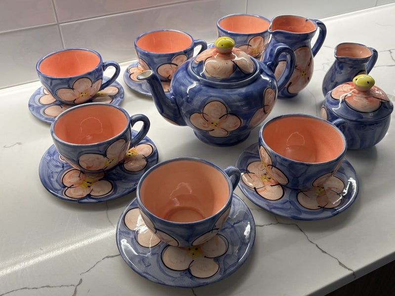 Stunning Christine Harris (NZ) Tea Set in Floral Cobalt & Violet Carousel 1