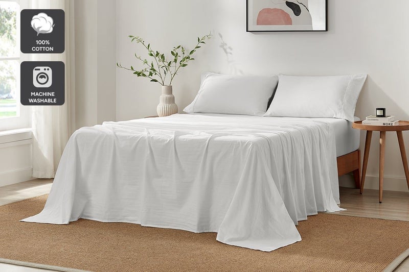 Brosa Stonewashed Cotton Sheet Set (White, Single) Carousel 2