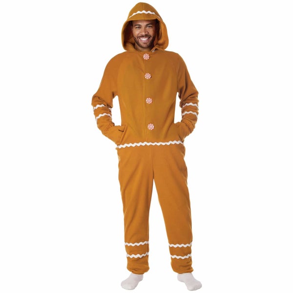 Gingerbread Man Fleece Jumpsuit Christmas Festival Adult Unisex Mens Costume Carousel 1