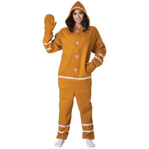 Gingerbread Man Fleece Jumpsuit Christmas Festival Adult Unisex Mens Costume Carousel 4
