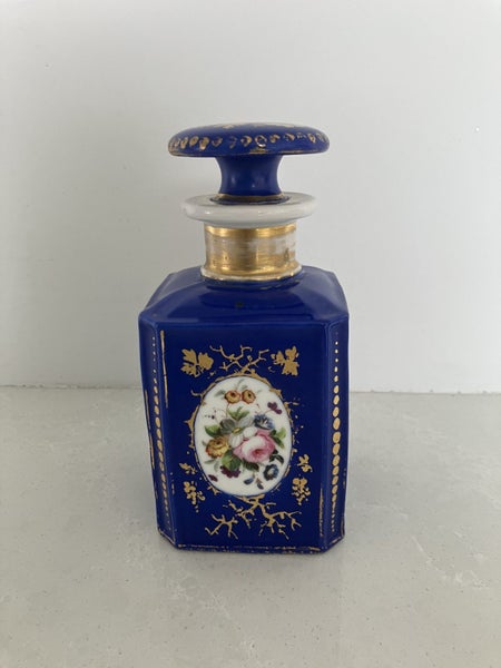 19th century French perfume bottle - cobalt blue with hand-painted floral panels