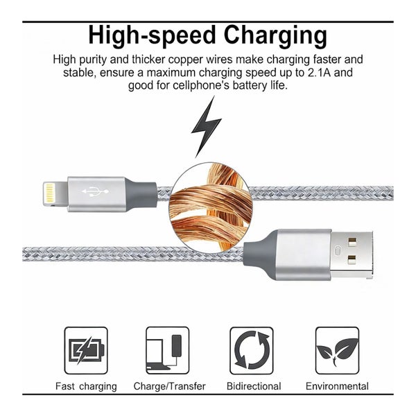 3M Silver Gray Braided USB to Lightning Cable Fast Charging Carousel 2